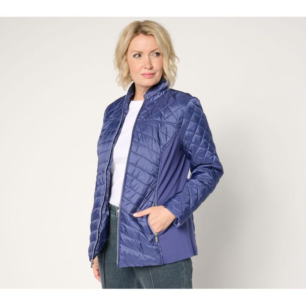 Susan Graver Women's Jacket Sz L Quilted Ponte Side Panels Blue A699067